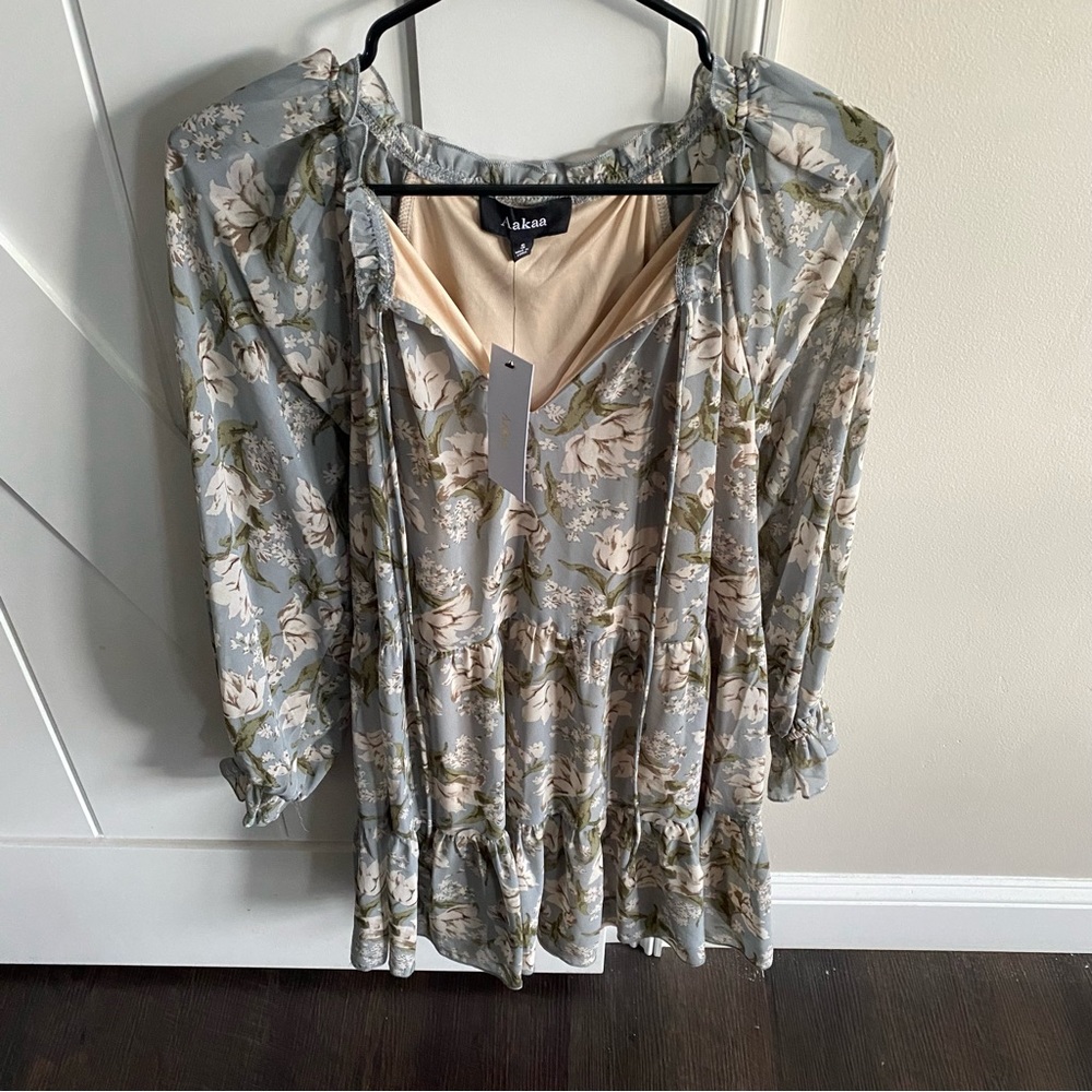 NWT Aakaa Dusty Blue Floral Mini Dress